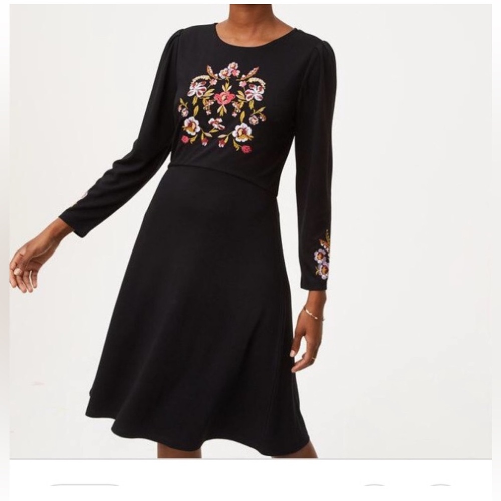 Ann Taylor Loft Embroidered Black Dress